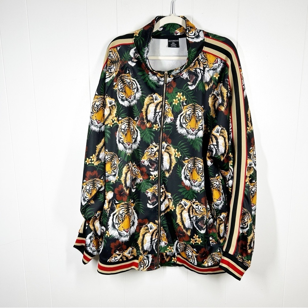 Victorious Tiger Print Satin Zip Up Track Jacket 5XL